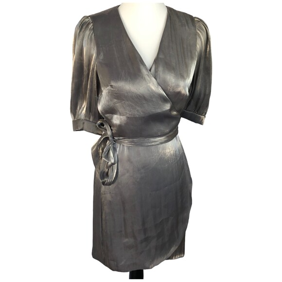 Zara Short Sleeve Shiny‎ Wrap Silver Mini Cocktail Party Short Dress Size M - Picture 1 of 12